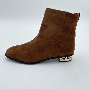 Brown Suede Metal Slide Zipper Low Block Heel Ankle Boots Casual Work Shoes